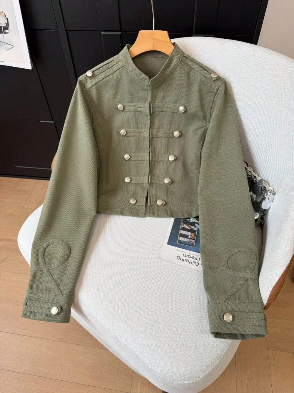 Olive Green Casual Women's Elegant Button Washed Jacket